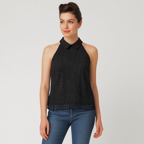 Collective Concepts Peter Pan Collared Top in Black Floral Lace - Picture 10 of 10